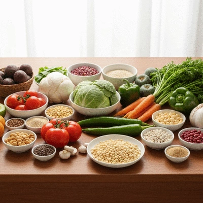 Variety of colorful plant-based foods on a wooden table