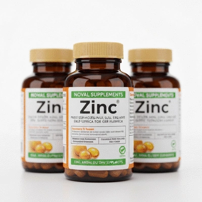 Close-up of zinc supplements in a bottle next to fresh oysters and nuts on a wooden table