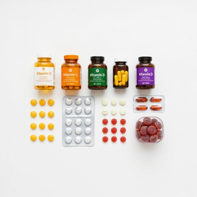 Assortment of immune-boosting nutrients like Vitamin C, D, Zinc, and Elderberry on a clean background