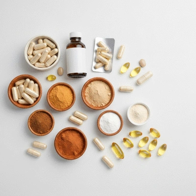 Assortment of immune support supplements in various forms (pills, powders, liquids) on a clean, bright background, no text, no words, no typography, 8K