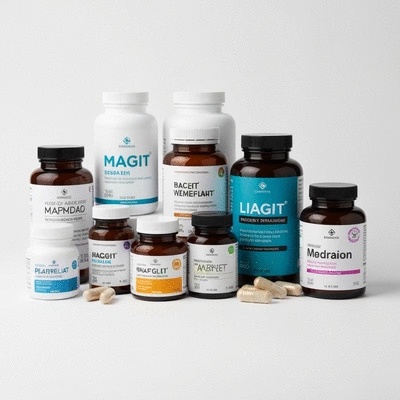 Variety of supplement bottles and capsules on a clean surface, no text, no words, no typography, clean image