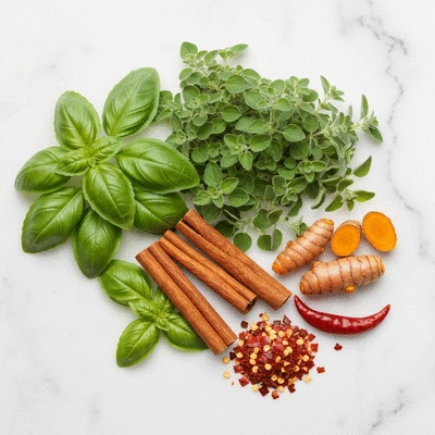 Assortment of fresh anti-inflammatory herbs and spices on a wooden table
