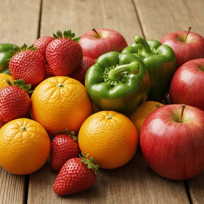 Assortment of fresh, colorful fruits and vegetables