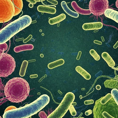 Microscopic view of diverse gut microbiota, healthy and balanced