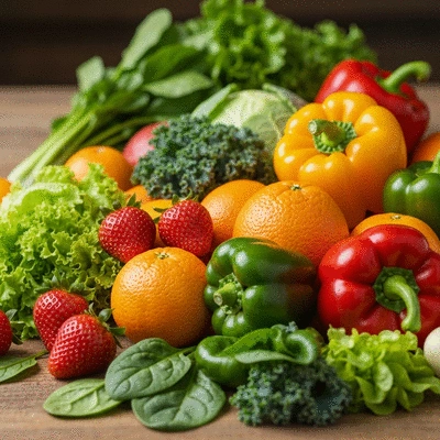 Close-up of fresh fruits and vegetables rich in immune-boosting nutrients like oranges, strawberries, bell peppers, and leafy greens on a wooden table