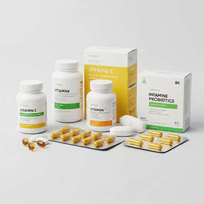 Assortment of immune-boosting supplements like vitamin C, D, zinc, and probiotics in clean, modern packaging on a white background