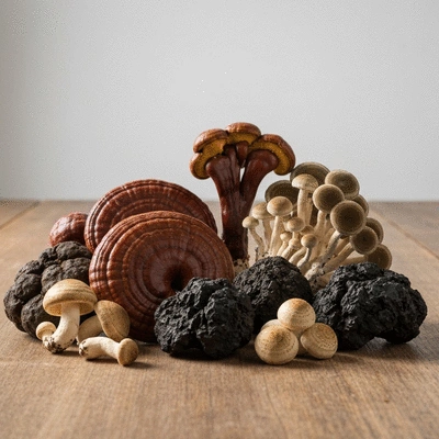 Assortment of medicinal mushrooms on a wooden table