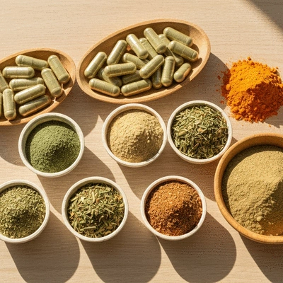 Assortment of natural herbal supplements in various forms like capsules, powders, and dried herbs