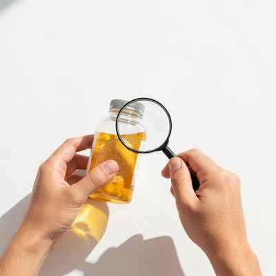 Hand holding a supplement bottle with a magnifying glass, emphasizing quality assurance