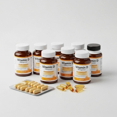 Various vitamin D supplements arranged neatly on a clean white surface, product photography, no text, no words, no typography, clean image