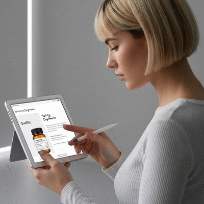 Person researching immune supplements on a tablet, focusing on safety and quality labels, with a clean and modern aesthetic, no text, no words, no typography, 8K