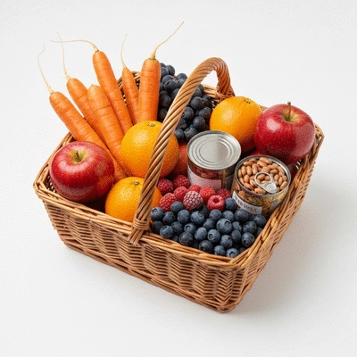 A shopping basket filled with budget-friendly, immune-boosting foods, such as carrots, apples, oranges, frozen berries, and canned beans, against a clean background, no text, no words, no typography, 8K