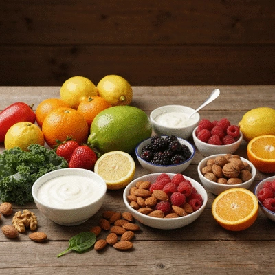 A colorful variety of fresh, immune-boosting foods like citrus, berries, leafy greens, nuts, and yogurt arranged attractively on a wooden table, no text, no words, no typography, 8K