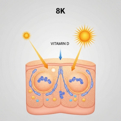 Sunlight on skin initiating Vitamin D synthesis, stylized scientific illustration with no text, no words, no typography, clean image