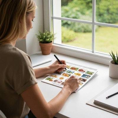 Person marking a personalized immunity calendar with seasonal foods and activities, clean desk, bright lighting, no text, no words, no typography, clean image
