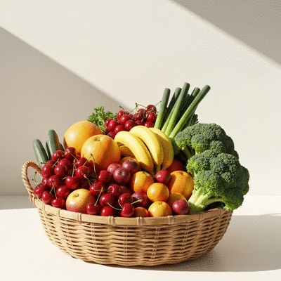 Basket full of diverse seasonal fruits and vegetables
