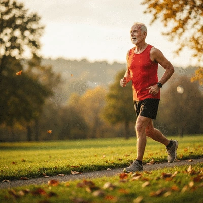 Person doing moderate exercise outdoors, like brisk walking or jogging, in a natural setting