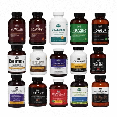 Assortment of supplement bottles, clean product photography
