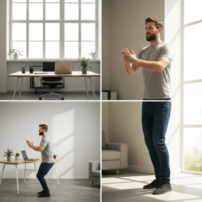 Person doing a quick, short burst of exercise like stretching or light bodyweight movements in an office or home setting