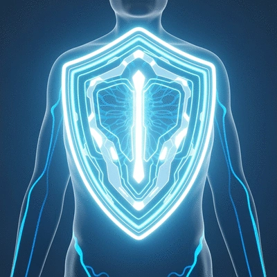 Stylized shield representing a strong immune system protecting a human body, clean image