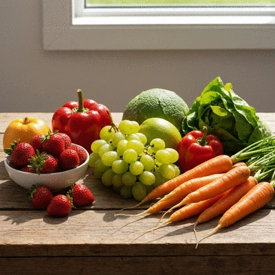 Assortment of fresh seasonal fruits and vegetables on a rustic wooden table, bright natural light, no text, no words, no typography, clean image