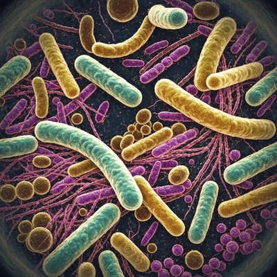 Microscopic view of healthy gut microbiome with beneficial bacteria