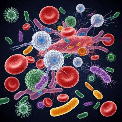 Microscopic view of immune cells fighting off pathogens, vibrant and detailed
