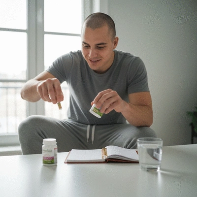 Person thoughtfully adding herbal supplements to their daily routine, a planner and a glass of water nearby